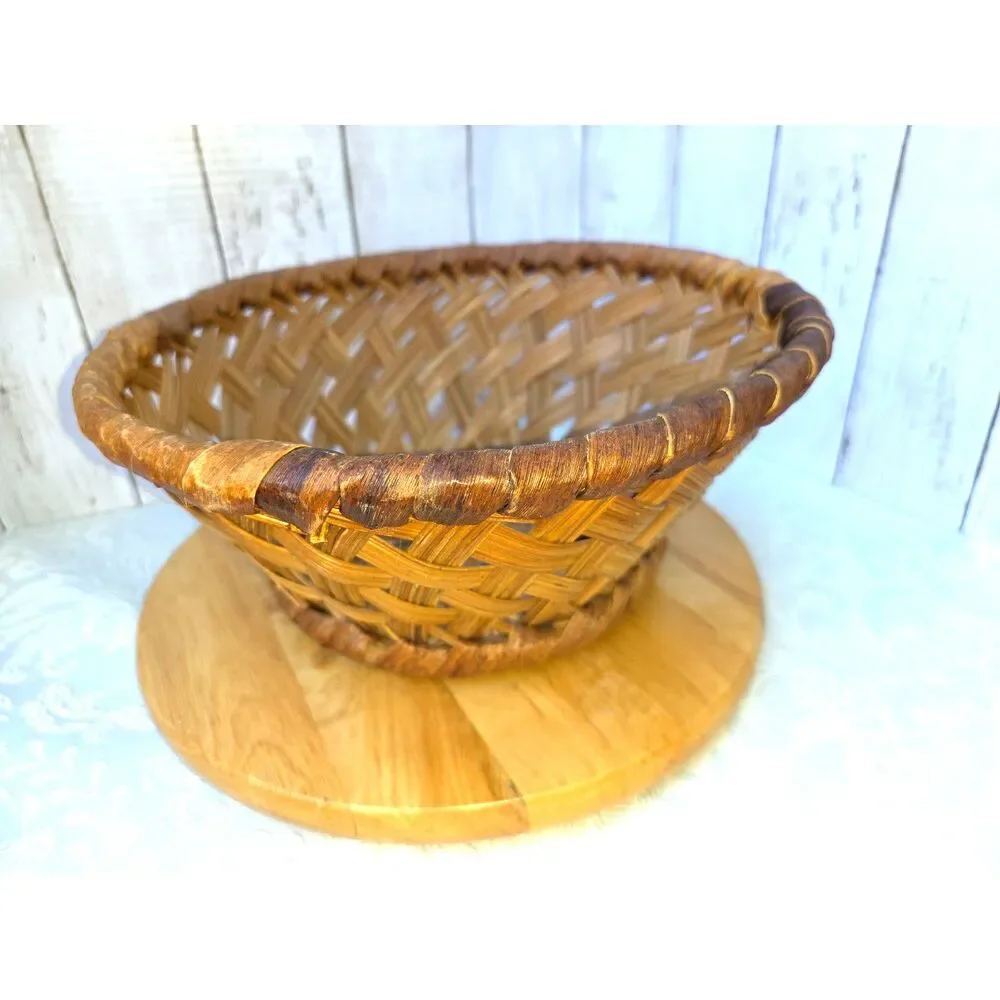 Vintage Woven Splint Lattice Basket Retro Mid Century Woven Wood Fruit Basket